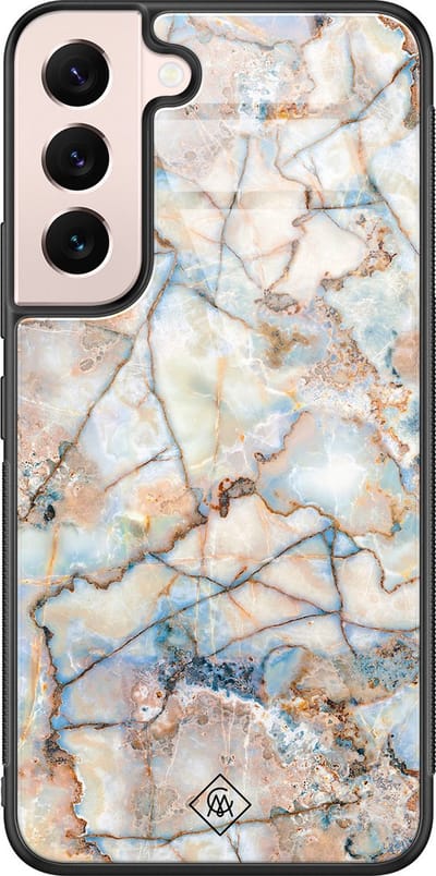 Casimoda® hoesje - Geschikt voor Samsung Galaxy S22 - Marmer Bruin Blauw - Luxe Hard Case Zwart - Backcover telefoonhoesje - Bruin