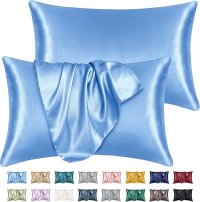 Famanu – Satijnen kussenslopen Set van 2 - 50 x 75 cm - luxe hemelsblauw - beschermt haar en huid - standaardformaat met envelopsluiting - hypoallergeen - zacht en glanzend