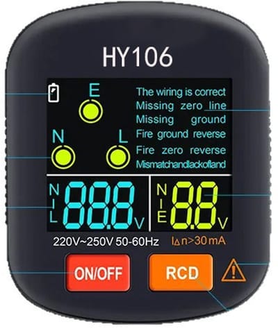 Stopcontact Tester met LCD Scherm - Spanning Tester 220-250V - Aardlek Test RCD - Stopcontact Test Apparaat - Fase Nul Aarde Controle - Voltage Meter - Elektrische Stopcontact Tester