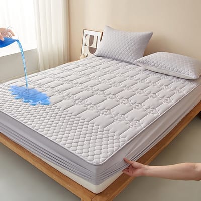 Matrashoes + 2 kussenslopen, TPU-laag voor waterdicht en ademend gebruik, geschikt voor matrassen tot 28 cm dik,Ruit - Grijs,180*200cm+kussensloop 48*74cm