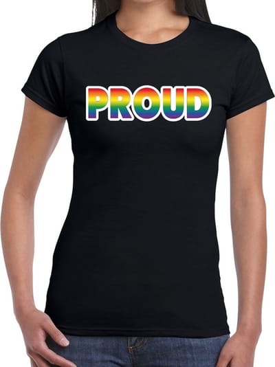 Proud gay pride t-shirt zwart met regenboog tekst voor dames - Gay pride/LGBT kleding XS