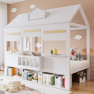 DESMIU Kinderhoogslaper 90x200cm - Huisvormig Kinderbed Met Boekenplank - Stabiel Lattenbodem - Voor Kinderkamer - Massief Hout En MDF - Wit - Zonder Matras