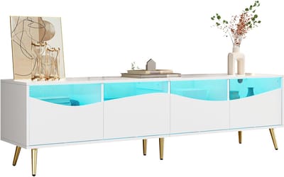 Moderne TV-kast - 180 x 40 x 50 cm - LED Verlichting - Witte Korpus - Gouden Metalen Poten - Glasfront en Opbergruimte