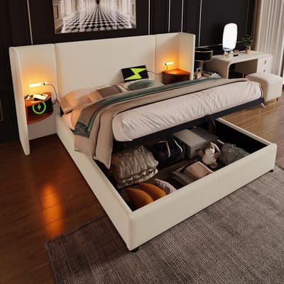 MEUNIQ tweepersoonsbed 160x200 cm met opbergruimte, leeslamp, USB en Type-C, bedframe met lattenbodem, hoofdbord met opbergvak, beige