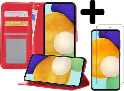 Hoesje - Met Screenprotector - Geschikt voor Samsung Galaxy A52 5G - Luxe Pasjeshouder - Bookcase Portemonee - Flip Case - Kunstleer Book Case - Flipcase - Book Cover - Walletcase - Portemonneehoes - Telefoonhoesjes - Rood
