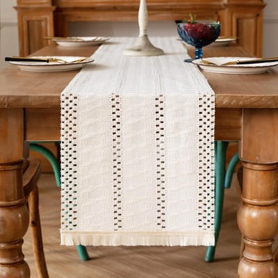 Tafelloper, beige, boho-tafelloper, macramé, katoen, vlas, decoratief tafelkleed met kwasten en gehaakte kant, crème, linnen, afwasbaar, voor bruiloft, feest, verjaardag, decoratie, 30 x 140 cm
