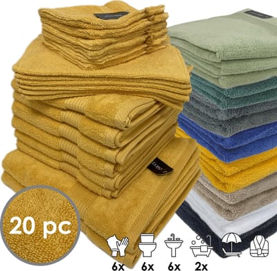 iSleep Terry Badtextiel - Voordeelset (20 delig) - 6x Washandje 16x22 cm - 6x Gastendoekje 30x50 cm - 6x Handdoek 60x110 cm - 2x Badlaken 70x140 cm - Oker