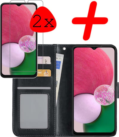 Hoesje Met 2x Screenprotector - Geschikt voor Samsung Galaxy A13 4G - Luxe Pasjeshouder - Bookcase Portemonee - Flip Case - Kunstleer Book Case - Flipcase Hoes - Book Cover - Walletcase - Portemonneehoes - Zwart