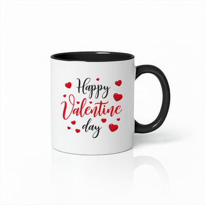 Happy Valentine Day Mok – Zwart & Wit Keramische Koffiemok 330 ml – Romantisch Valentijnscadeau met Hartjes