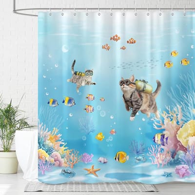 Inovra Plus - Duikende Kat Oceaan Scène Douchegordijn 180x180cm Waterdicht en Schimmelwerend Polyester Stof met 12 Haken voor Badkamer