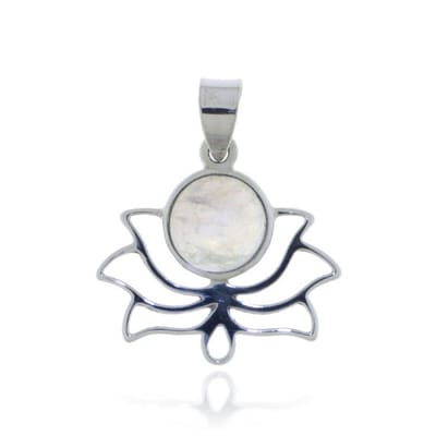 SilverGems Lotus hanger, zilveren hanger met cabouchon geslepen ronde Regenboog Maansteen edelsteen