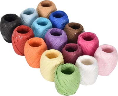 15 Stuks Raffia Bast Papier Band, 20m per Rol, Natuurlijke Bast Tape voor Verpakking, Kleurige Cadeauband voor Valentijnsdag en Feestelijke Decoratie