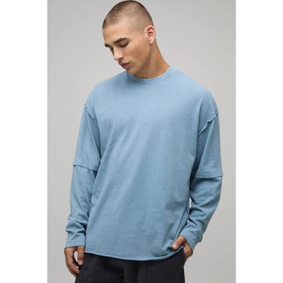 Oversized Gewassen Zwaargewicht Zichtbare Naden Faux Laag T-Shirt | Dusty Blue | Size XS