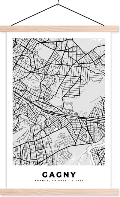 Posterhanger incl. Poster 40x60 cm - Schoolplaat - Plattegrond – Gagny – Stadskaart – Kaart – Frankrijk - Textielposter - Blanke latten - Stadskaart