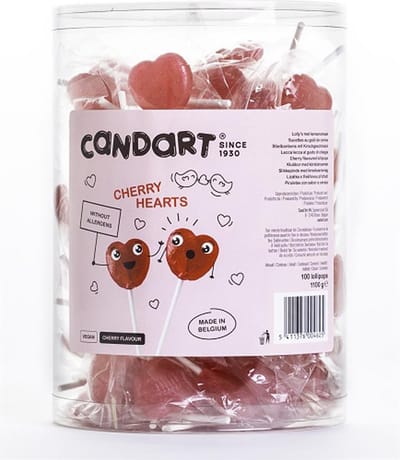 Candart Hearts Lollies in tubo 100x11g - lolly in hartjesvorm met kersensmaak - in display - valentijn - love