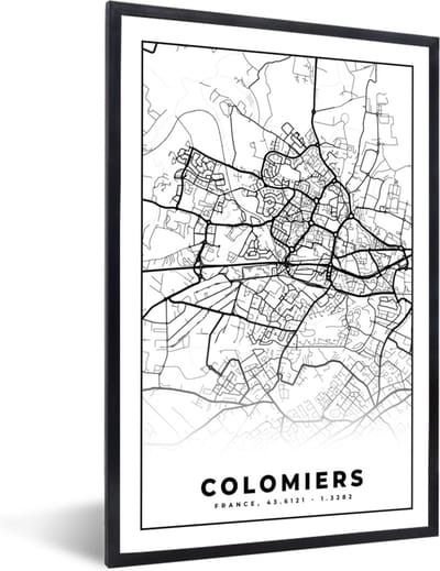 Fotolijst incl. Poster Zwart Wit- Frankrijk - Kaart - Plattegrond - Colomiers - Stadskaart - Zwart wit - 40x60 cm - Posterlijst