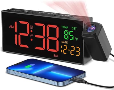 Projectiewekker met 350° rotatie en USB-oplader - Wecker met temperatuur, datum en 10 alarmtonen