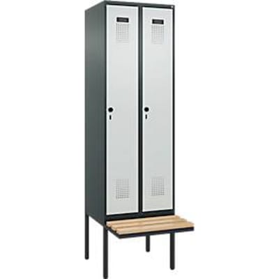 C+P Evolo Plus garderobekast, 2 vakken van elk 300 mm breed, zwevende bank, B 600 x D 815 x H 2120 mm, draaibare grendel, antracietgrijs/lichtgrijs