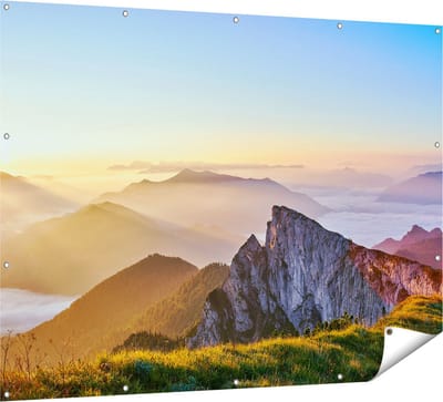 Gards Tuinposter Zonsopkomst in de Bergen in de Alpen - 160x120 cm - Tuindoek - Tuindecoratie - Wanddecoratie buiten - Tuinschilderij