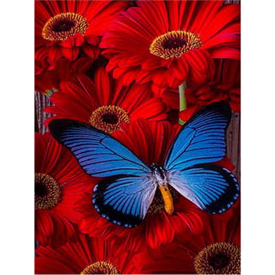 Peinture diamant 5D Fleur et papillon, broderie diamant ronde complète, point de croix 20X30CM blue
