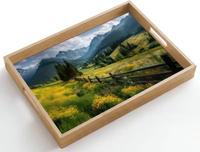 Dienblad hout 50x35 cm - Schootdienblad - Veld - Hek - Bergen - Bloemen - Borrelplank rechthoek - Plateau dienbladen