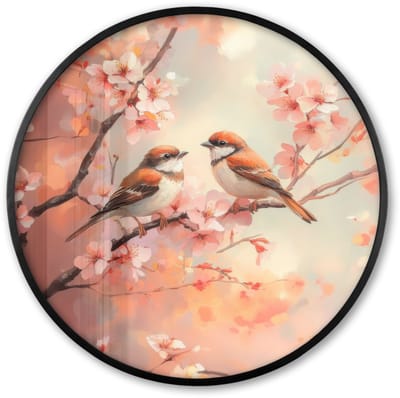Poster in lijst Rond - Fotolijst 60x60 cm - Posters - Vogels - Romantic - Bloesemtak - Ronde posterlijst zwart - Decoratie - Wanddecoratie woonkamer - Muurdecoratie slaapkamer