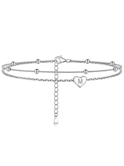 OmGoods - Dailygoody - Enkelarmband - Dames enkelband met hart en initiaal - Verstelbaar 22 + 5 cm - Zilveren voetarmband - Modieus accessoire - Geschikt v