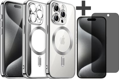 Hoesje met Privacy Screenprotector Geschikt voor iphone 15 Pro Max Hoesje - Geschikt voor MagSafe - Arara siliconen Backcover - Zilver