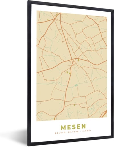 Fotolijst incl. Poster - Kaart - Stadskaart - Vintage - Mesen - Plattegrond - 40x60 cm - Posterlijst