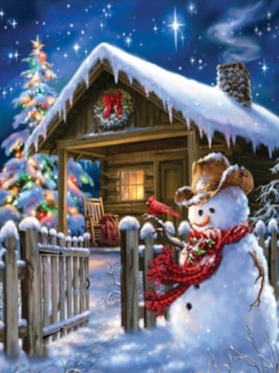 Diamond painting sneeuwman avond huisje 30x40cm vierkante steentjes