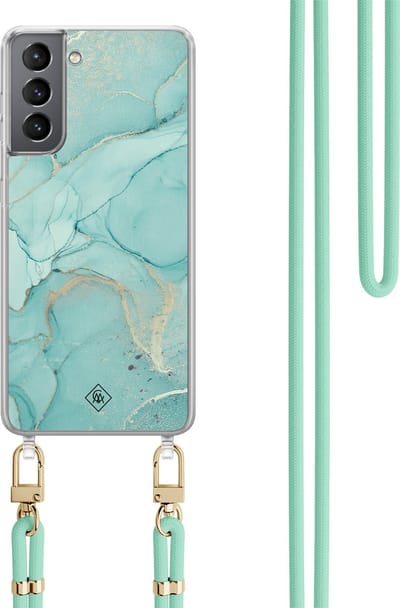Casimoda® hoesje met koord - Geschikt voor Samsung S21 - Marmer mint groen - Afneembaar koord - TPU/polycarbonaat - Mint