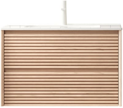 BRON 81cm wandgemonteerd badkamermeubel met witte rechthoekige keramische onderbouwwastafel, gestreepte multiplex kast met 2 lades, voorgemonteerd, kaneel-walnoot houtnerfkleur