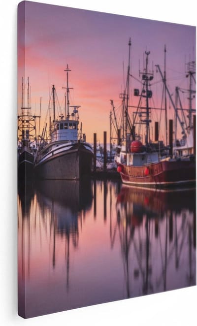 Artaza Canvas Schilderij Zonsondergang Haven - 30x40 cm - Klein - Wanddecoratie Boten - Muurdecoratie Zee - Schilderijen Op Canvas