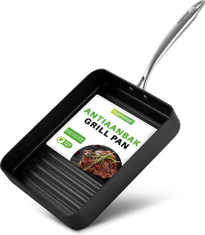 NutriChef Grillpan- Vierkante Ribbelpan- Hoge Ribben- Hard Geanodiseerd- Fornuis Grillplaat- Sterke Handgrepen