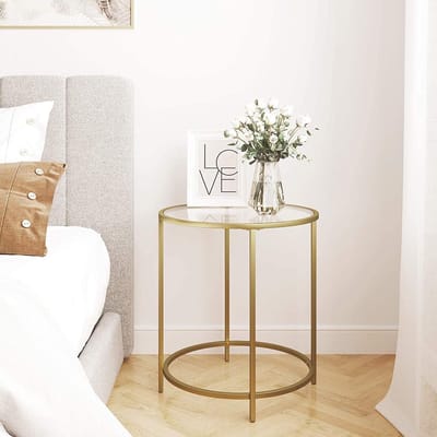 c90 - Bijzettafel rond, kleine salontafel, glazen tafel met metalen frame, nachtkastje, banktafel, balkon, gehard glas, goud LGT20G