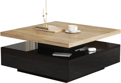 Vierkante salontafel - Draaibare salontafel - 360 graden draaibaar - Met verborgen lade - 30 kg draagvermogen - Woonkamer - 70x70x36cm - Walnoot en zwart