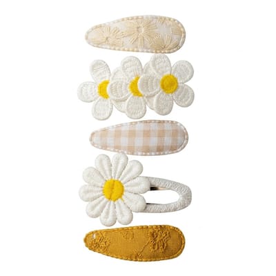 Geel en wit haarspeldjes set voor meisjes – textiel haarspeldjes met bloemen – 5 stuks – pastel clips met geborduurde margriet details en geruit patroon