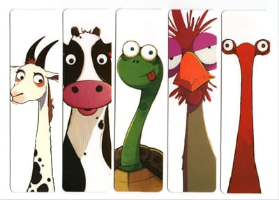5-delige Dieren Boekenlegger Set – Cartoon Stijl – 15x4 cm – Geit, Koe, Schildpad, Haan, Struisvogel – Papieren Boekenleggers voor Kinderen & Volwassenen