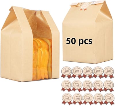 Verpakking van 50 stuks - Broodzakken - Kraftpapieren zakken - Puntige bodem - Zakken met venster - Papieren voedselzakken - Verpakkingszakken voor bakbrood - Geschikt voor 450 g toast - Geel kraftpapier