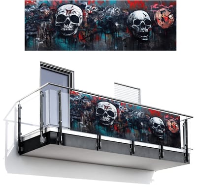 Balkonscherm 300x100 cm - Balkonposter Schedels - Graffiti - Abstract - Balkon scherm decoratie - Balkonschermen - Balkondoek zonnescherm