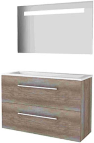 Basic-Line Economic 39 Badkamermeubelset - Ondiep - 100 x 39 cm - Met Grepen - 2 Lades - Acryl Wastafel - 1 Kraangat - Spiegel met LED Verlichting - Scotch Oak
