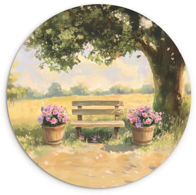 WallCircle® Wandcirkel 120x120 cm - Muurcirkel Houten bankje - Bloempotten - Landschap - Muurdecoratie woonkamer - Wanddecoratie slaapkamer - Kamer decoratie accessoires - Ronde schilderijen XXL