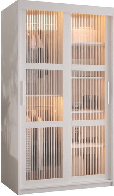 Zweefdeurkast Kledingkast met 2 schuifdeuren glanzen slaapkamerkast Kledingstang met planken Garderobekast met geribbeld glas - ARTON (100 cm, Wit)