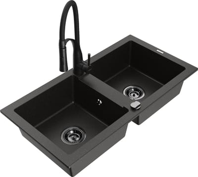 Mexen Mario granieten gootsteen 2-kamer met keuken kraan Aster, zwart/goud metallic - 6504-75-73450-70-B