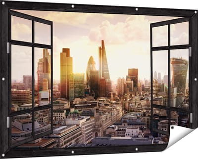 Gards Tuinposter Doorkijk Londen bij Zonsondergang in een Moderne Wijk - 150x100 cm - Tuindoek - Tuindecoratie - Wanddecoratie buiten - Tuinschilderij