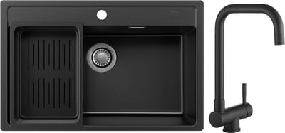 Anycee Max Granieten Spoelbakken (70x46CM) - Spoelbak Keuken Met Inklapbare Keukenkraan - Wasbak Keuken Met Waterafvoersysteem en Afdruiprek - Zwart