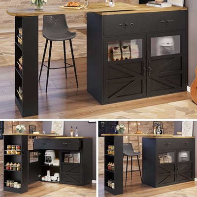 Bartafel - 138-204x39x104 cm - Uitschuifbaar en 360° Draaibaar - Keukeneiland met Planken - Hout - Zwart