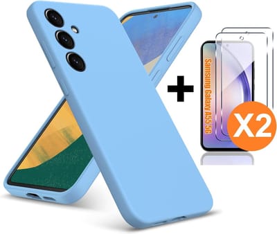 Hoesje geschikt voor Samsung Galaxy A55 siliconen hoesje Licht Blauw zacht TPU backcover - Met gehard glas screenprotector - 2 stuks