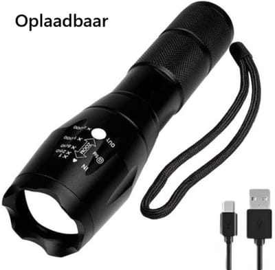 TLVX Felle Oplaadbare Zaklamp LED 1800 Lumen – Sterke Militaire en Uitschuifbare Metalen Zaklamp – Zoomfunctie – Waterdicht – Voor Kinderen en Volwassenen – Scouting – Bos – Camping – Vakantie – Survivallen – Veiligheid – Ingebouwde Accu – Compact