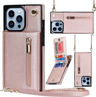 Multimedia & Accessoires Stijlvolle Leren Fashion Backcover Case Hoesje met Koord, Stand Ritsvak en Pasjeshouders geschikt voor Apple iPhone 15 Pro - Rosegoud